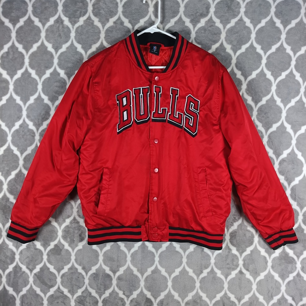 Chicago Bulls Jacket Mens Medium Red Satin Bomber Embroidered Snap Front
